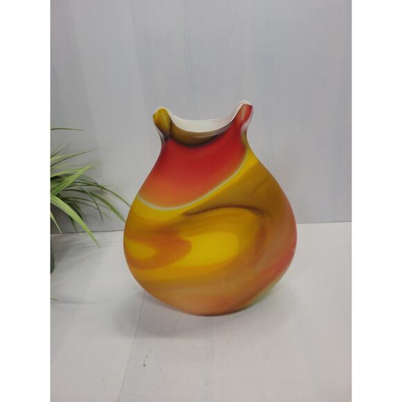 Vintage Azerbaijan Art Glass Vase, Yellow Red Orange Satin Swirl, Baijan glass - Picture 3 of 5